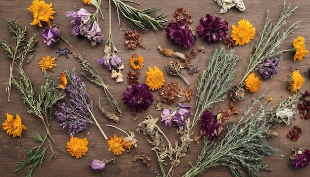 Dried flowers and herbs Top View