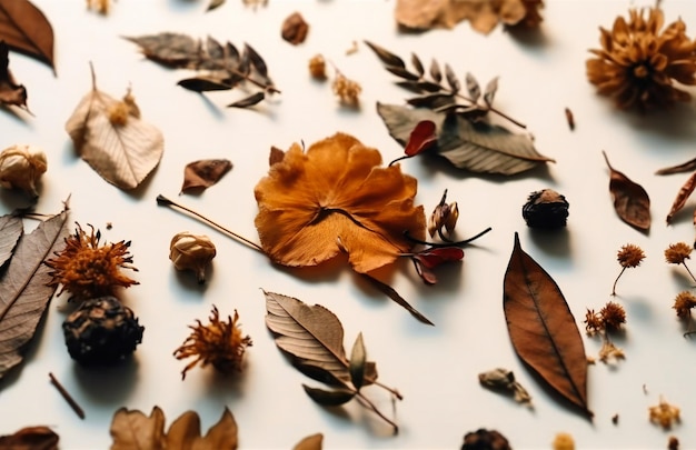 Dried flowers and leaves in a white background