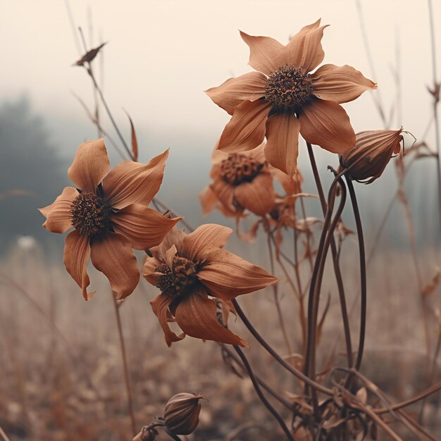 Dried flowers in the meadow at sunrise Vintage style