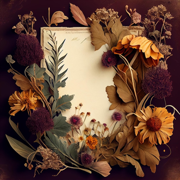 Dried flowers and plants over antique vintage card Generative AI