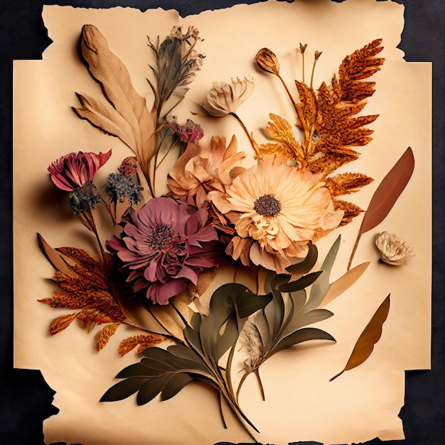 Dried flowers and plants over antique vintage card Generative AI