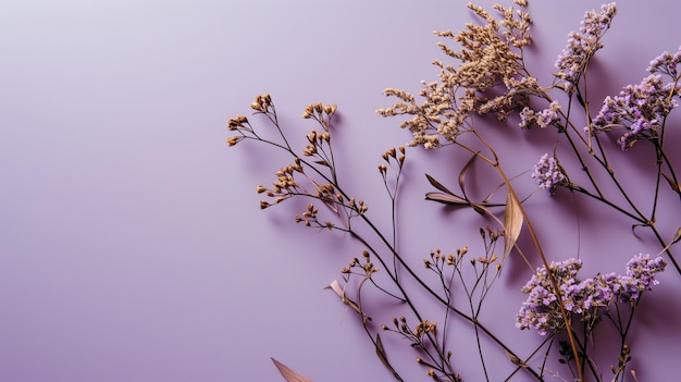 Dried flowers on a purple background with ample copy space