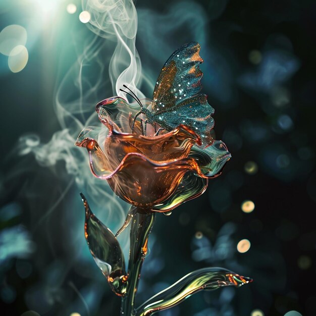 Dried flowers and smoke on a black background glass rose smokes and a glitter butterfly sits on it