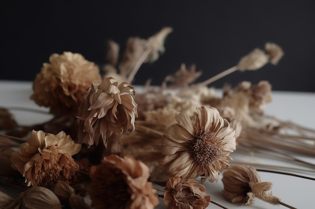 Dried flowers on a table with a white background