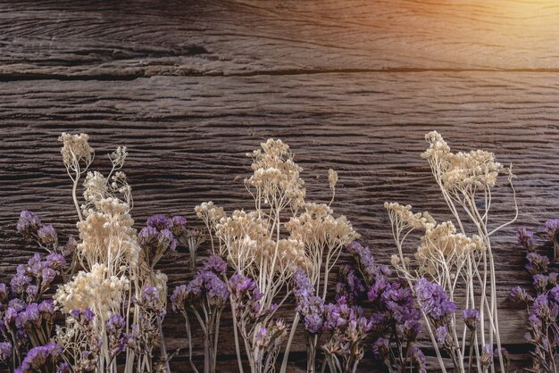 dried flowers on wooden planks background