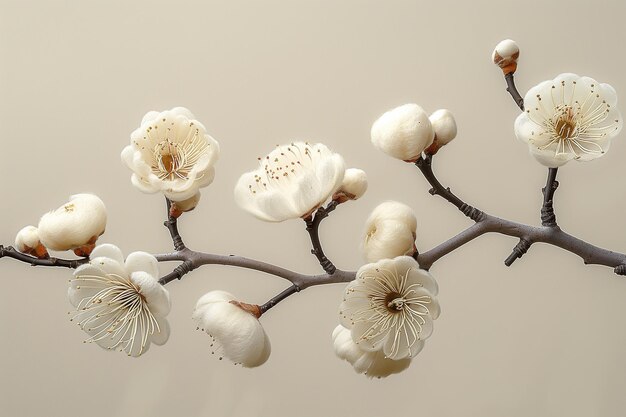 Dried fluffy cotton flower branch on a beige background