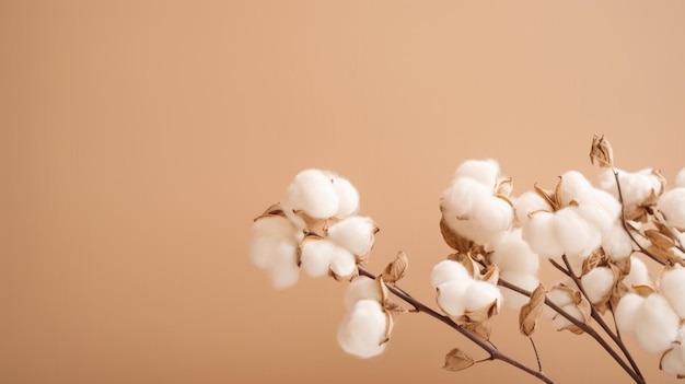 Dried fluffy cotton flower branch on a beige background