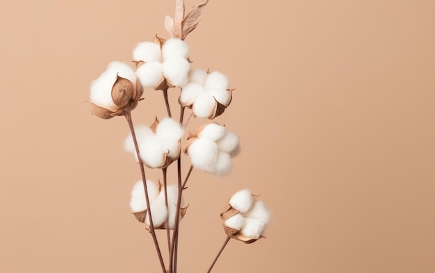 Dried fluffy cotton flower branch on a beige background