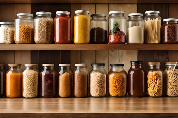 dried food in jars on a wooden shelf