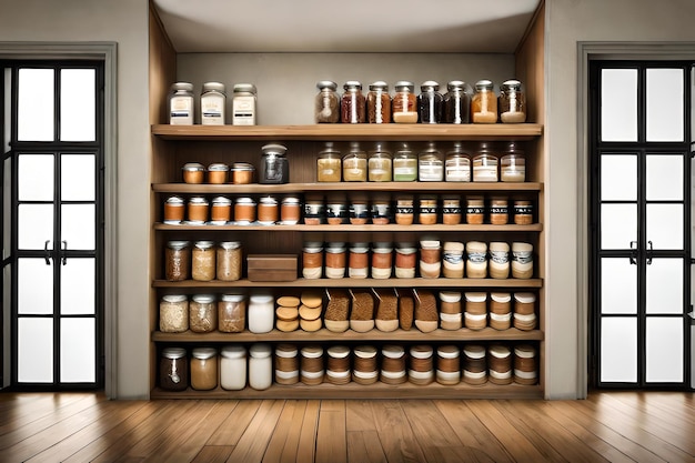 dried food in jars on a wooden shelf