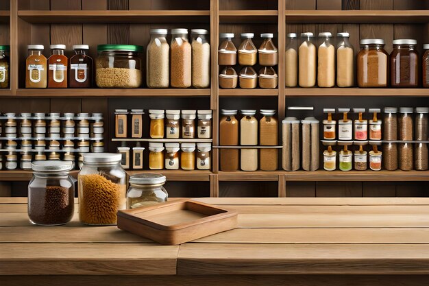 dried food in jars on a wooden shelf