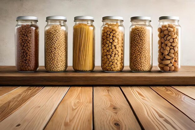 dried food in jars on a wooden shelf