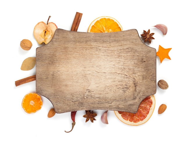 Dried fruit and spices isolated on white background