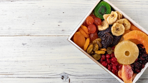 Dried fruits collection on a wooden