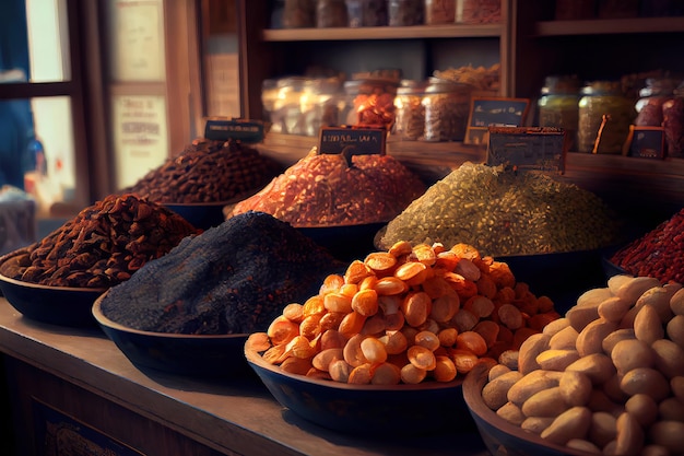 Dried fruits on display at a market Generative Ai