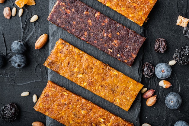 Dried fruits energy bars with various ingredients