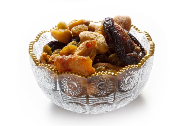 Dried fruits in glass bowl