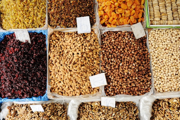 Dried fruits on market place, piazza, bazaar