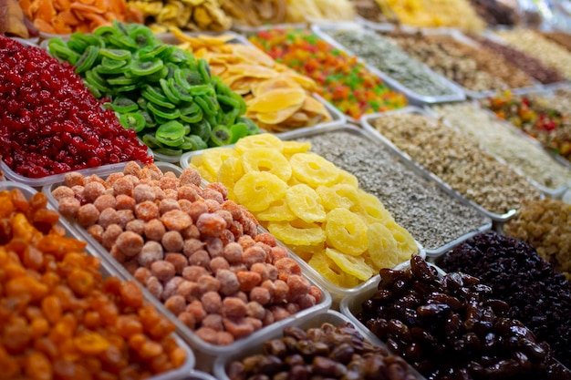 Dried Fruits, Nuts and Candied Fruits on the Market. tasty and healthy food photo.