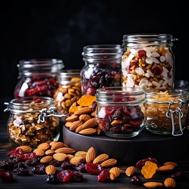 dried fruits and nuts in a glass jar healthy Snack Healthy food Dry granola nuts