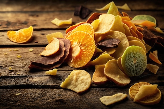 Foto frutta secca tagliata a fette anelli di frutta sul tavolo in stile arte digitale