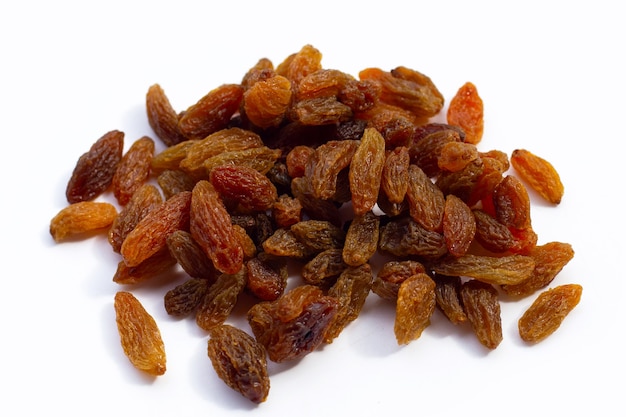 Dried grape raisins on white background