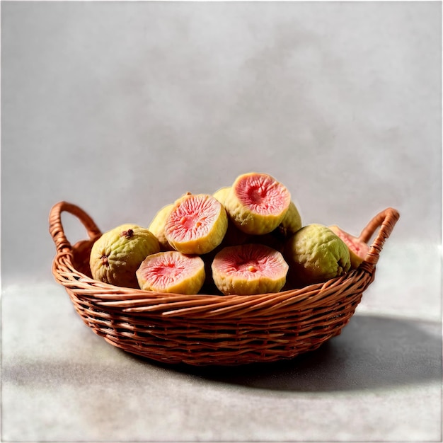 Dried guava pieces in a rustic wicker basket light pink with a grainy texture