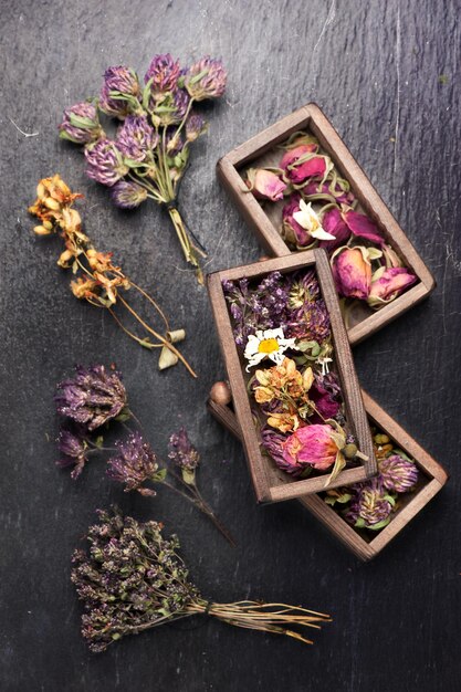 Dried herbs on black stone background top view