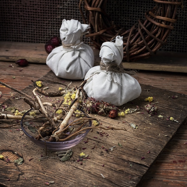 Dried herbs for traditional medicine in the rural style.