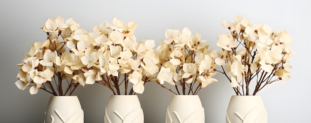 白い粘土の花瓶に乾燥したホルテンジアの花束