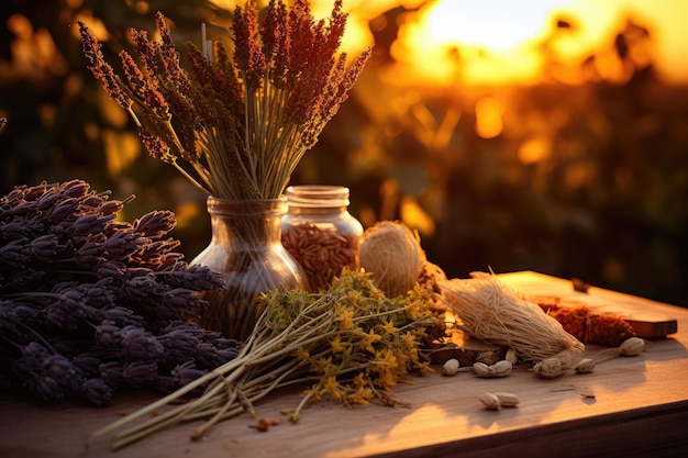 Dried lavender flowers in vase on wooden table at sunset Various herbs and ears in the golden sunset light of the sun AI Generated