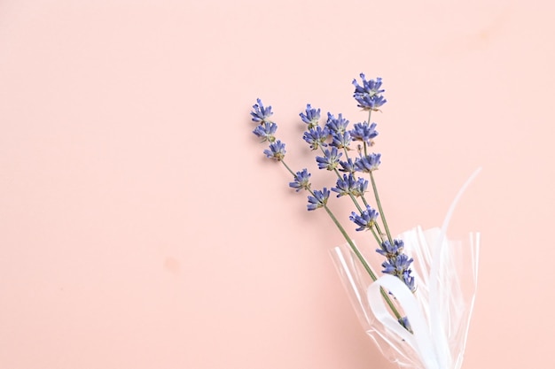 Dried lavender on pastel pink background with copy space idea\
for gift wrapping lavender as packaging decor