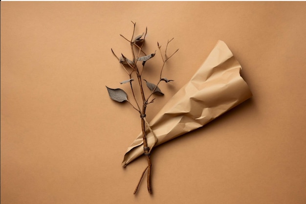 Dried leaves and branches on a crumpled paper background