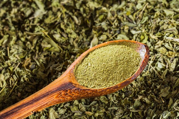 Dried leaves and moringa powder on the table Moringa oleifera