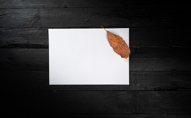 Dried leaves with a white note on black background