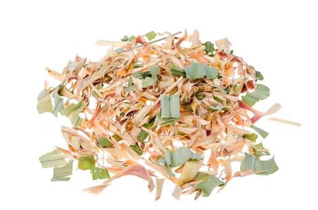 Dried lemongrass herb with pandanus on white surface