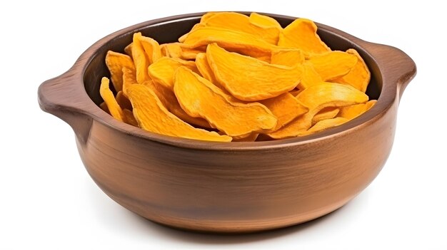 Dried mango slices in clay pot isolated on white top view