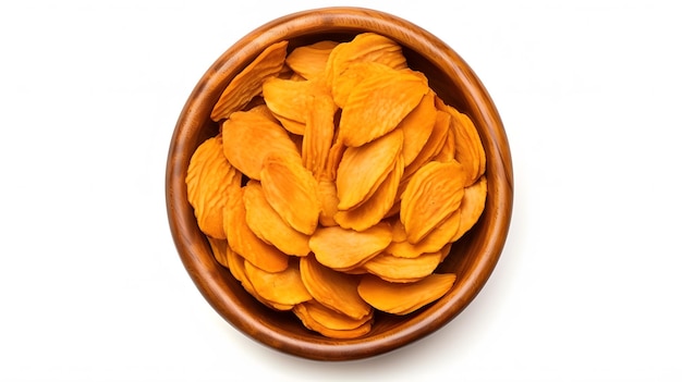 Dried mango slices in clay pot isolated on white top view