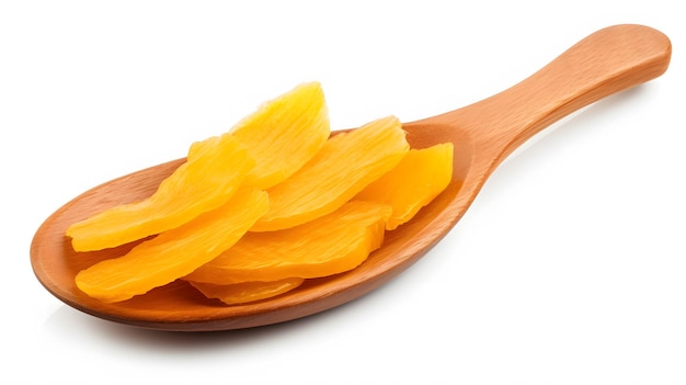 Dried mango slices in wooden spoon isolated on white background
