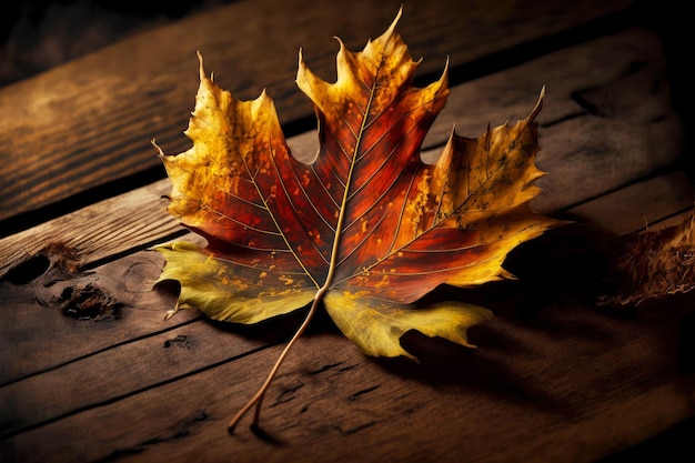 Dried maple leaf on wooden surface of table autumn leaf fall