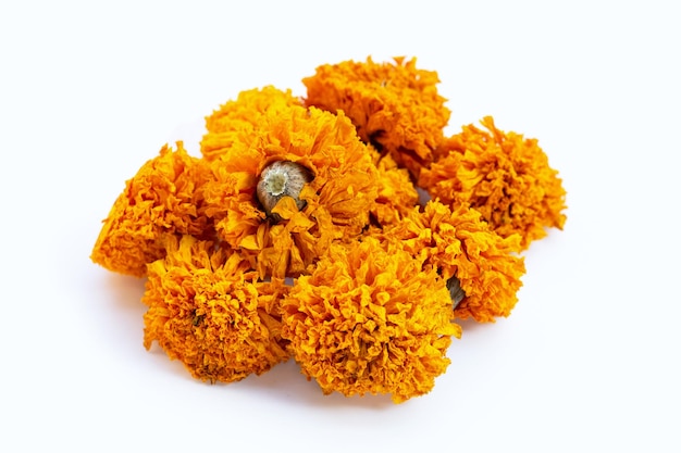 Dried marigold flower on white background