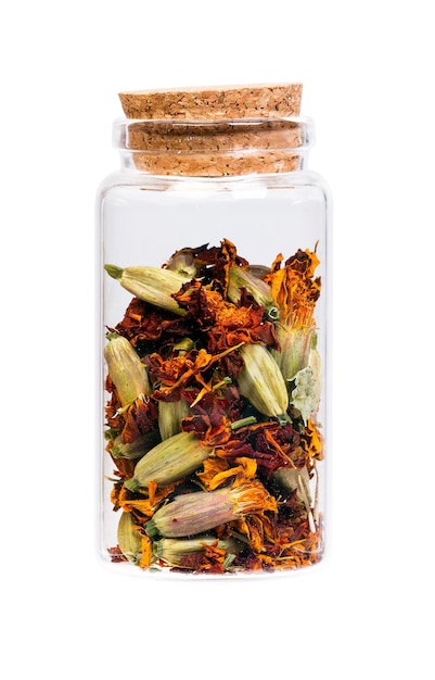 Dried Marigold flowers in a bottle with cork stopper for medical