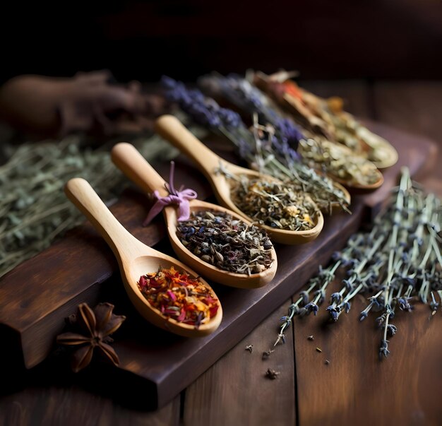 Dried medicinal herbs on a wooden spoon High quality