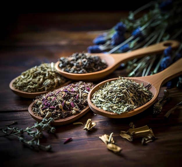 Dried medicinal herbs on a wooden spoon High resolution