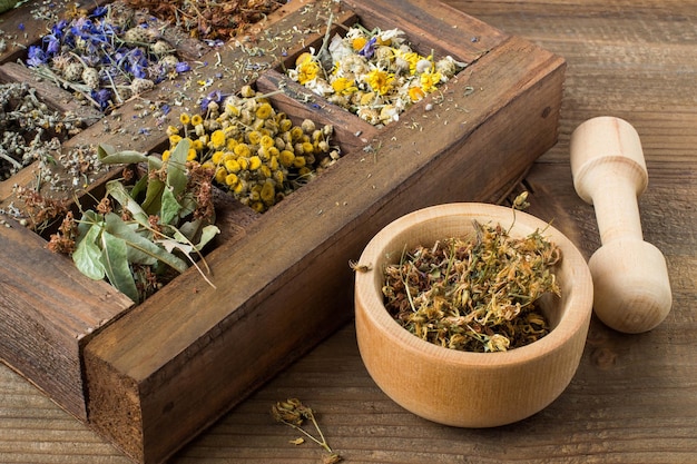 Photo dried medicinal plant in an old wooden box