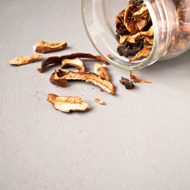 Dried mushrooms in glass jar