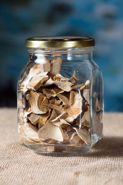 The dried mushrooms in jar