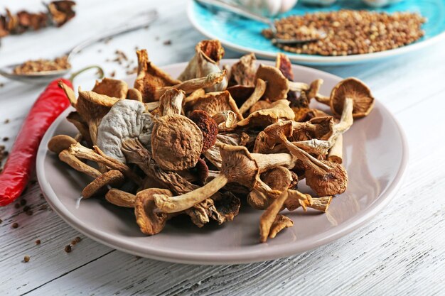 Dried mushrooms in plate on wooden background