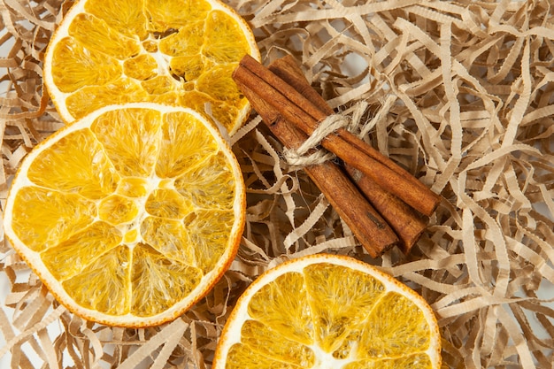 Dried orange slices and cinnamon sticks