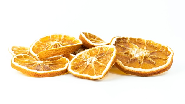 Dried orange slices Group of dried orange slices isolated on white background Selective focus